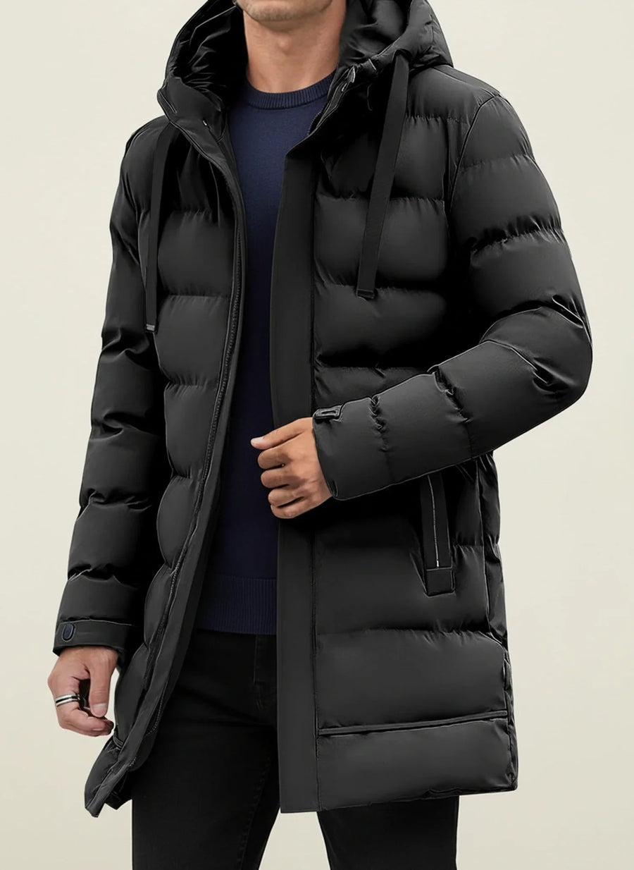 Abrigo acolchado largo de invierno con capucha para hombre