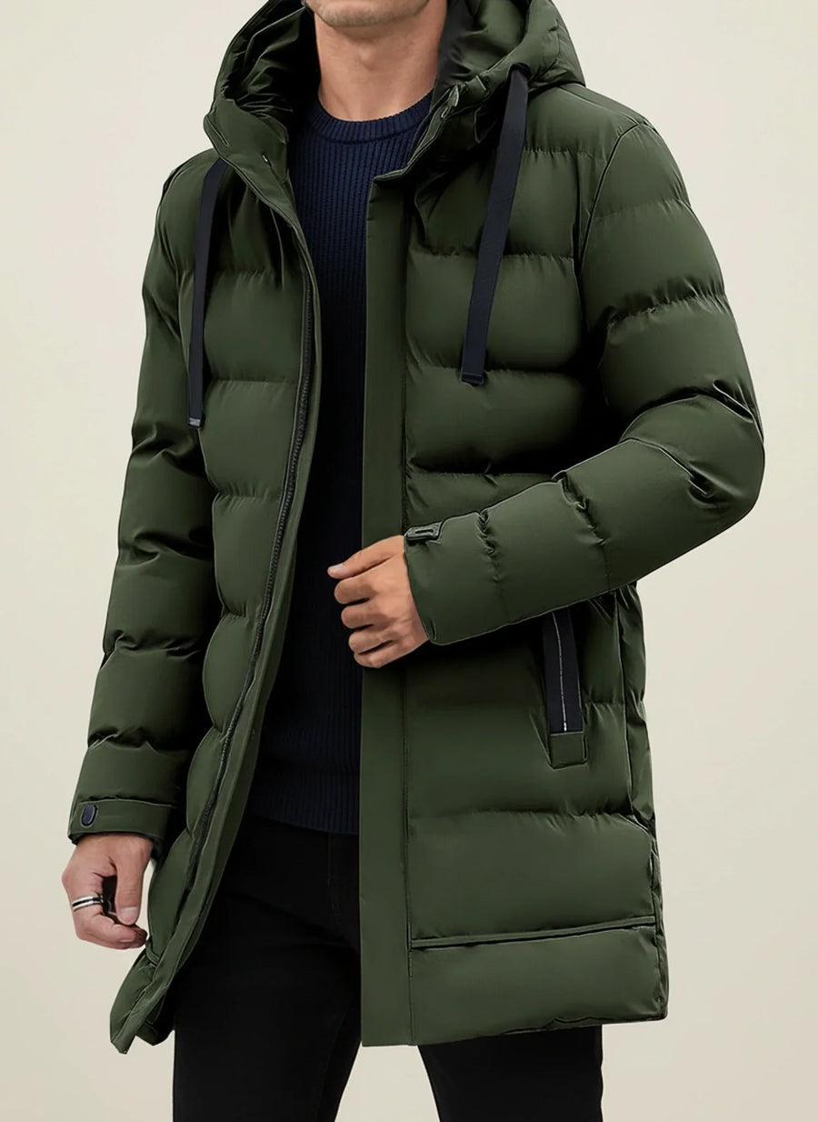 Abrigo acolchado largo de invierno con capucha para hombre