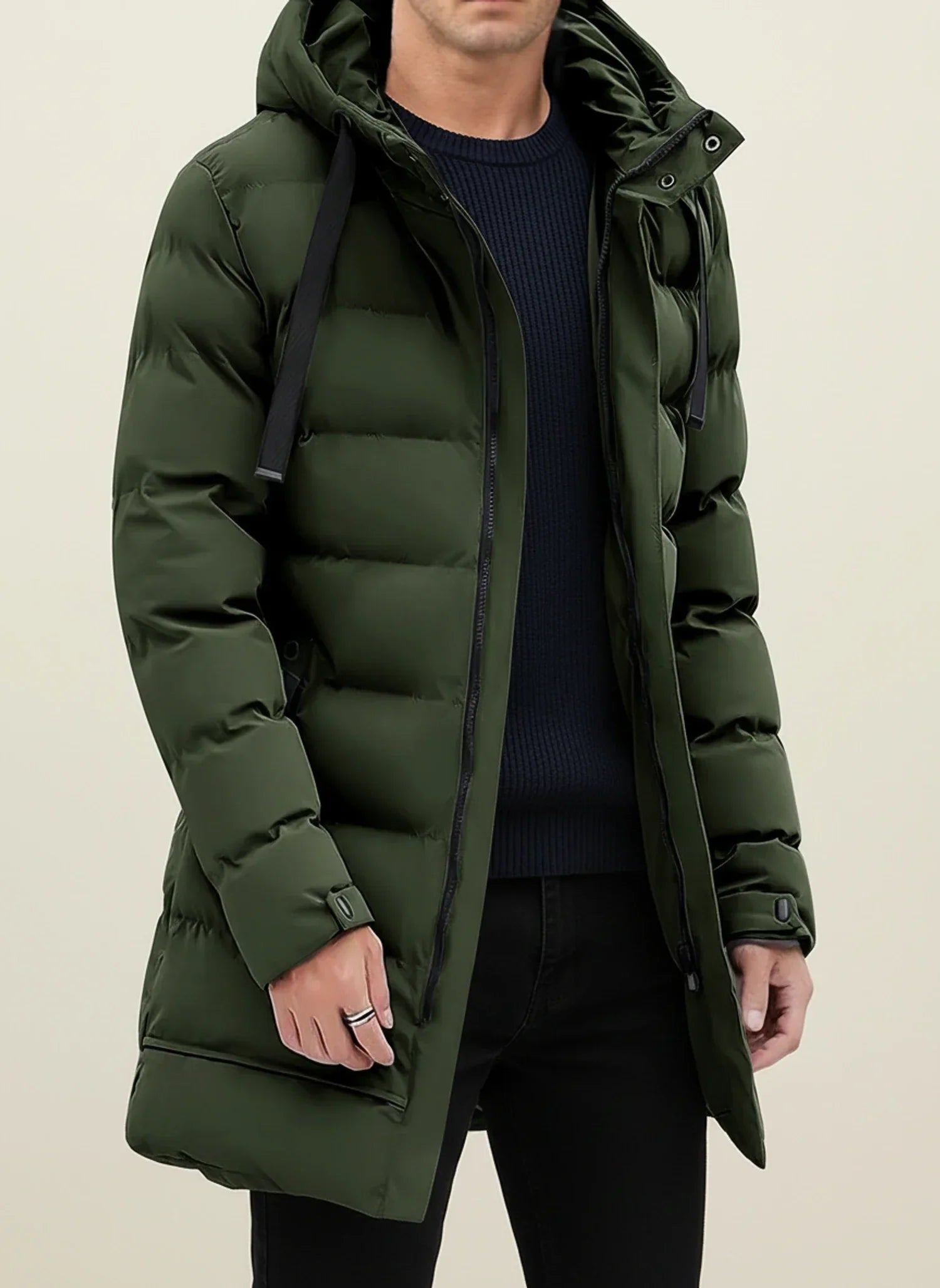 Abrigo acolchado largo de invierno con capucha para hombre