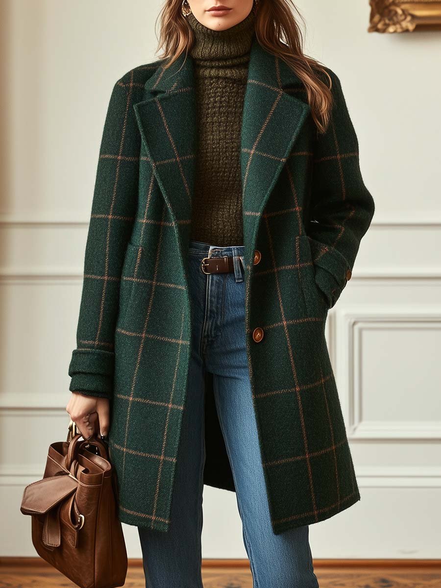 Abrigo de invierno a cuadros y de longitud media para mujer