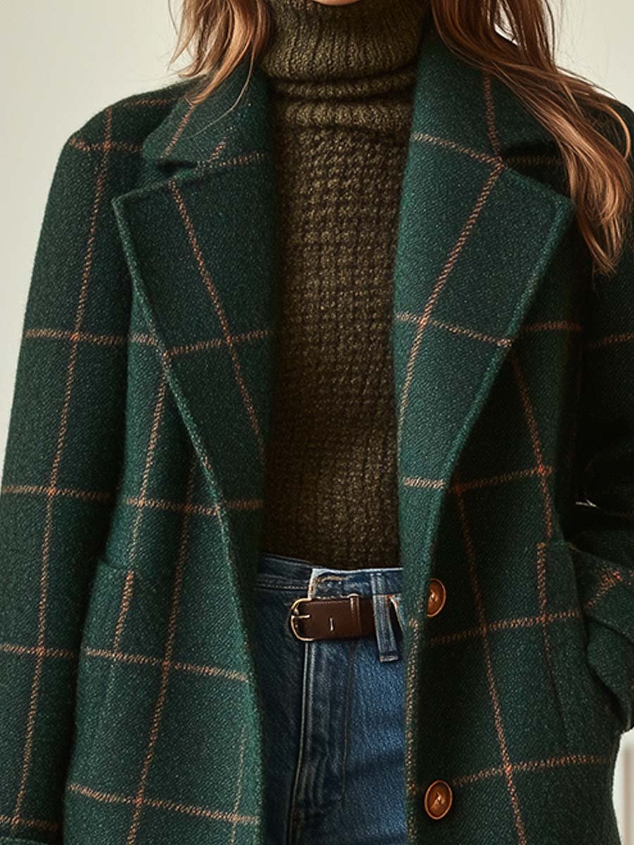 Abrigo de invierno a cuadros y de longitud media para mujer