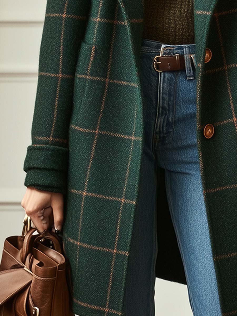 Abrigo de invierno a cuadros y de longitud media para mujer