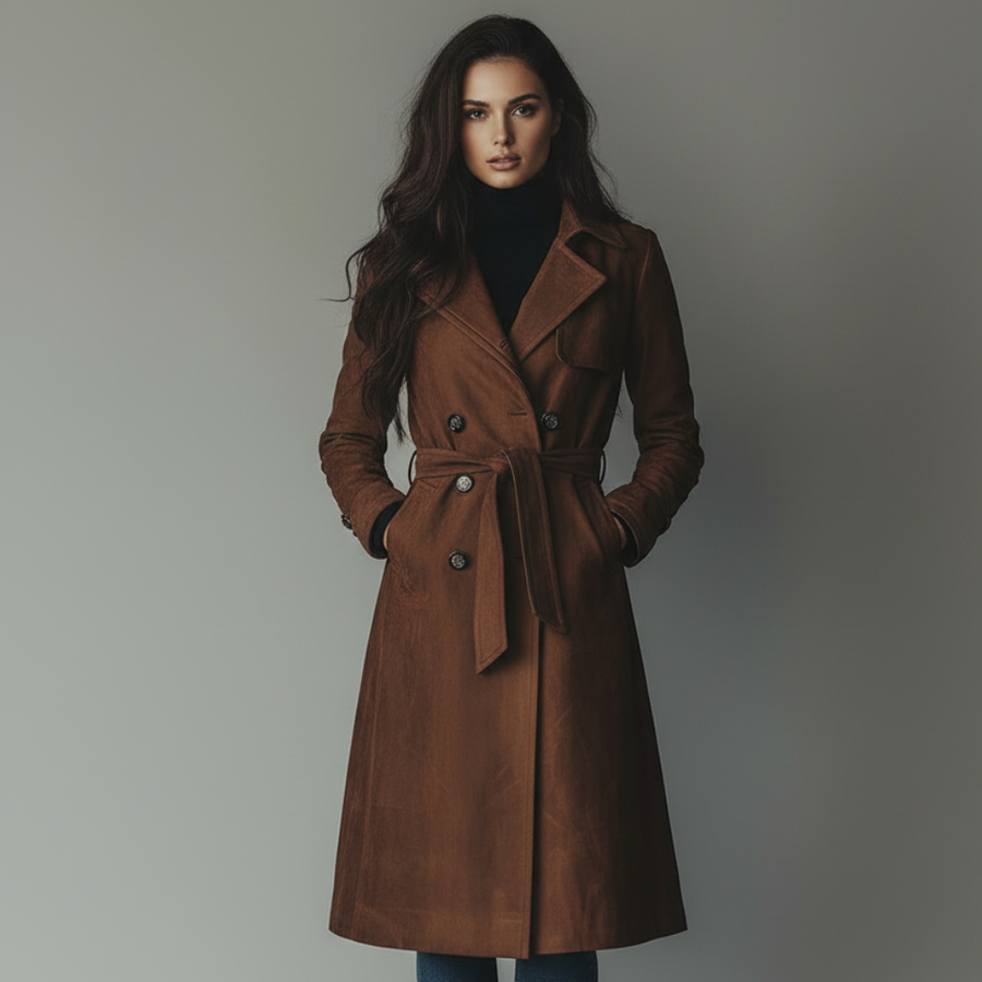 Abrigo largo de ante para mujer con botones frontales, ideal para otoño