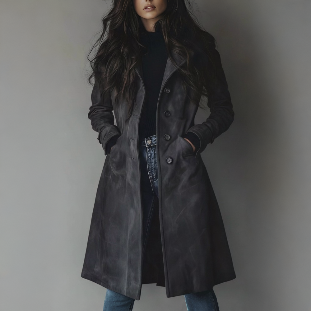 Abrigo largo de ante para mujer con botones frontales, ideal para otoño
