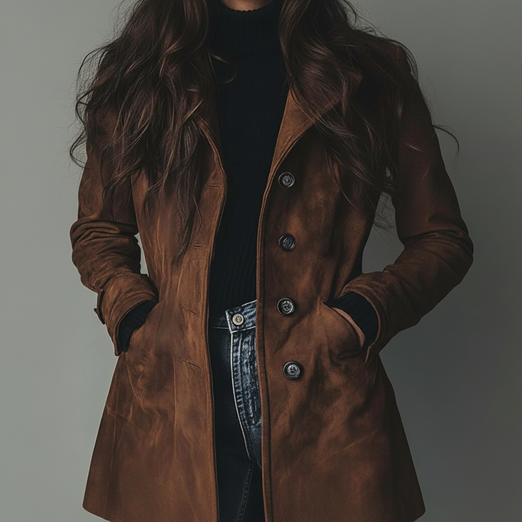 Abrigo largo de ante para mujer con botones frontales, ideal para otoño