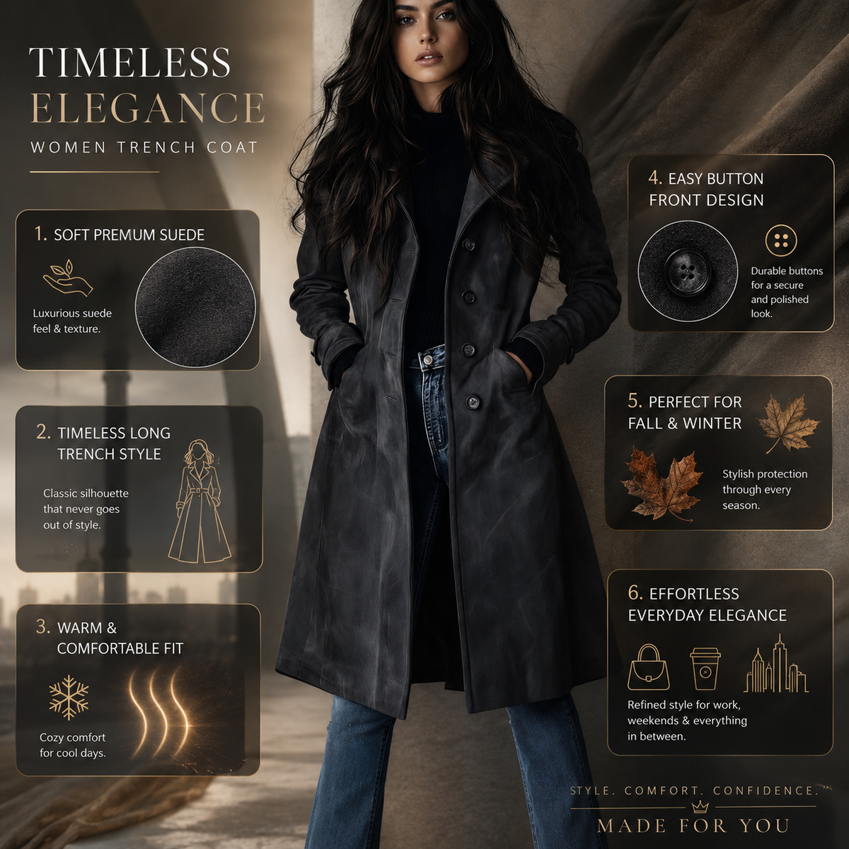 Abrigo largo de ante para mujer con botones frontales, ideal para otoño