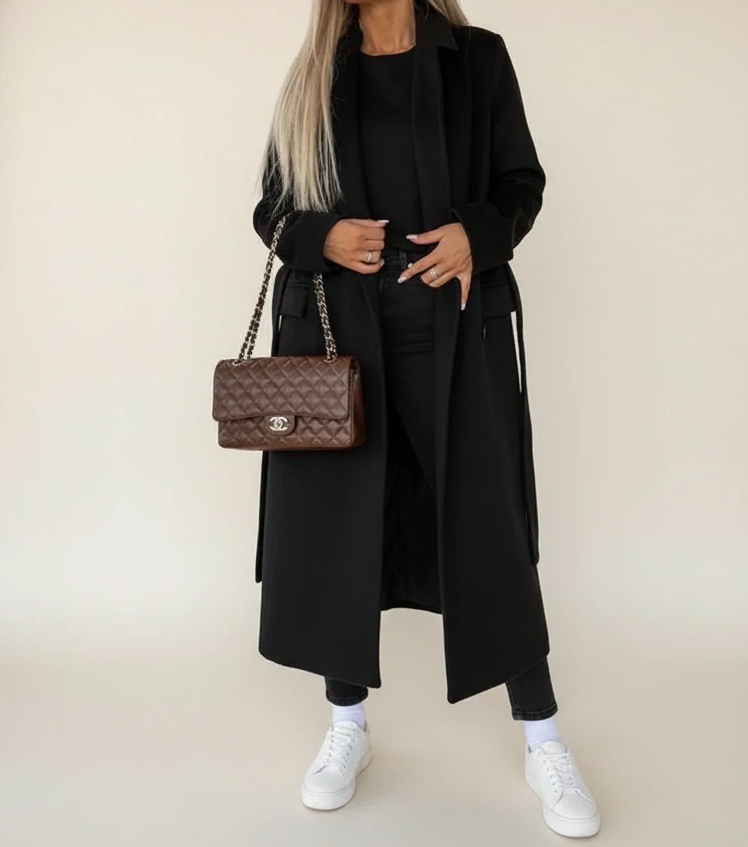 Abrigo midi de invierno para mujer con cinturón