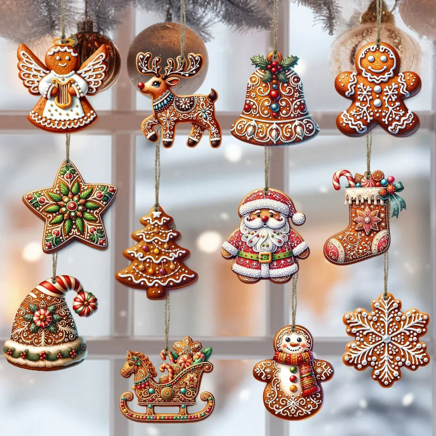 Adornos navideños de madera artesanales, set de 12 piezas