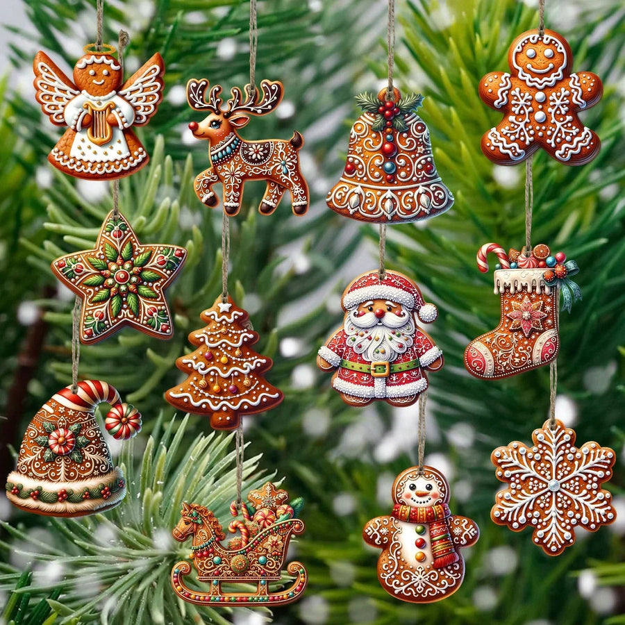 Adornos navideños de madera artesanales, set de 12 piezas