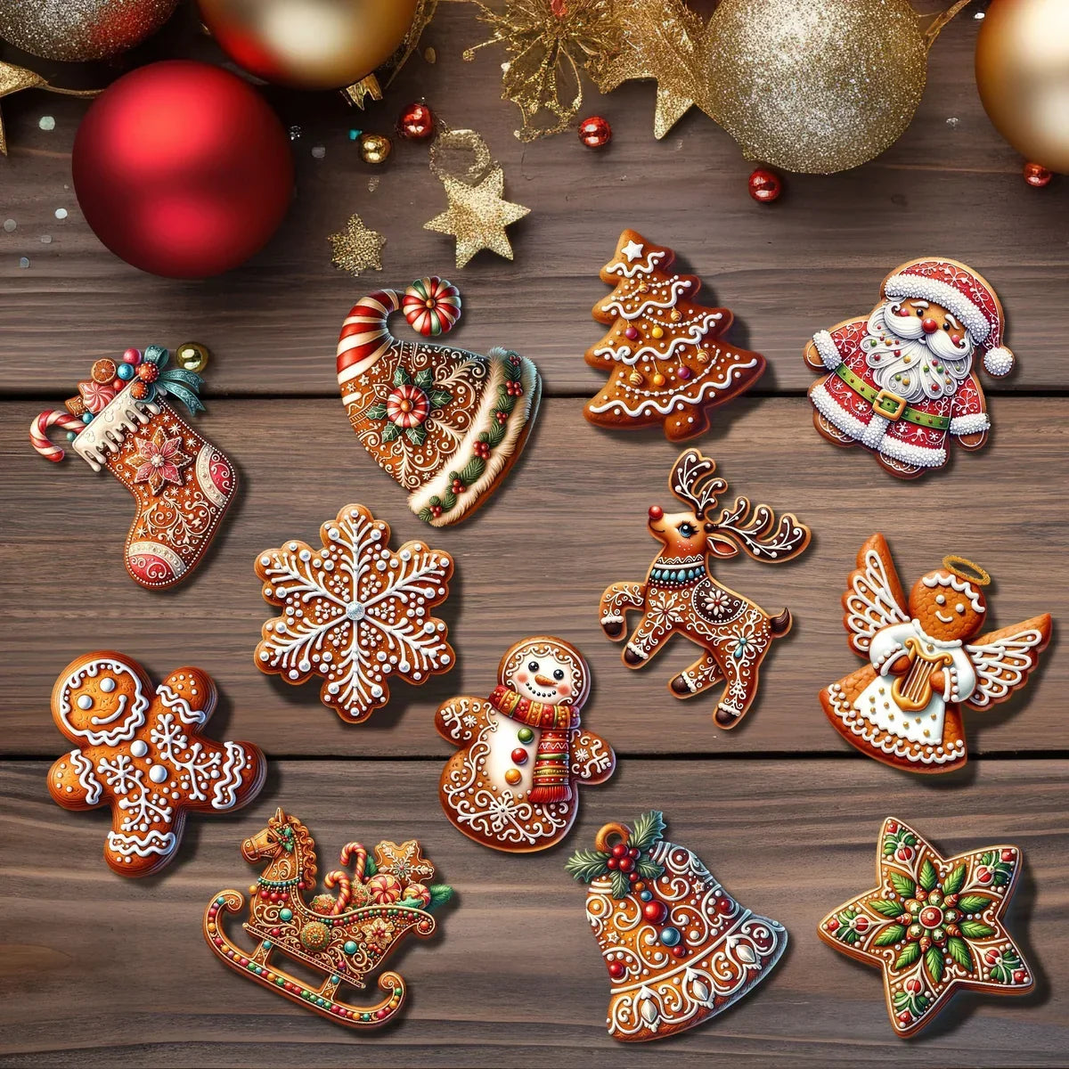Adornos navideños de madera artesanales, set de 12 piezas