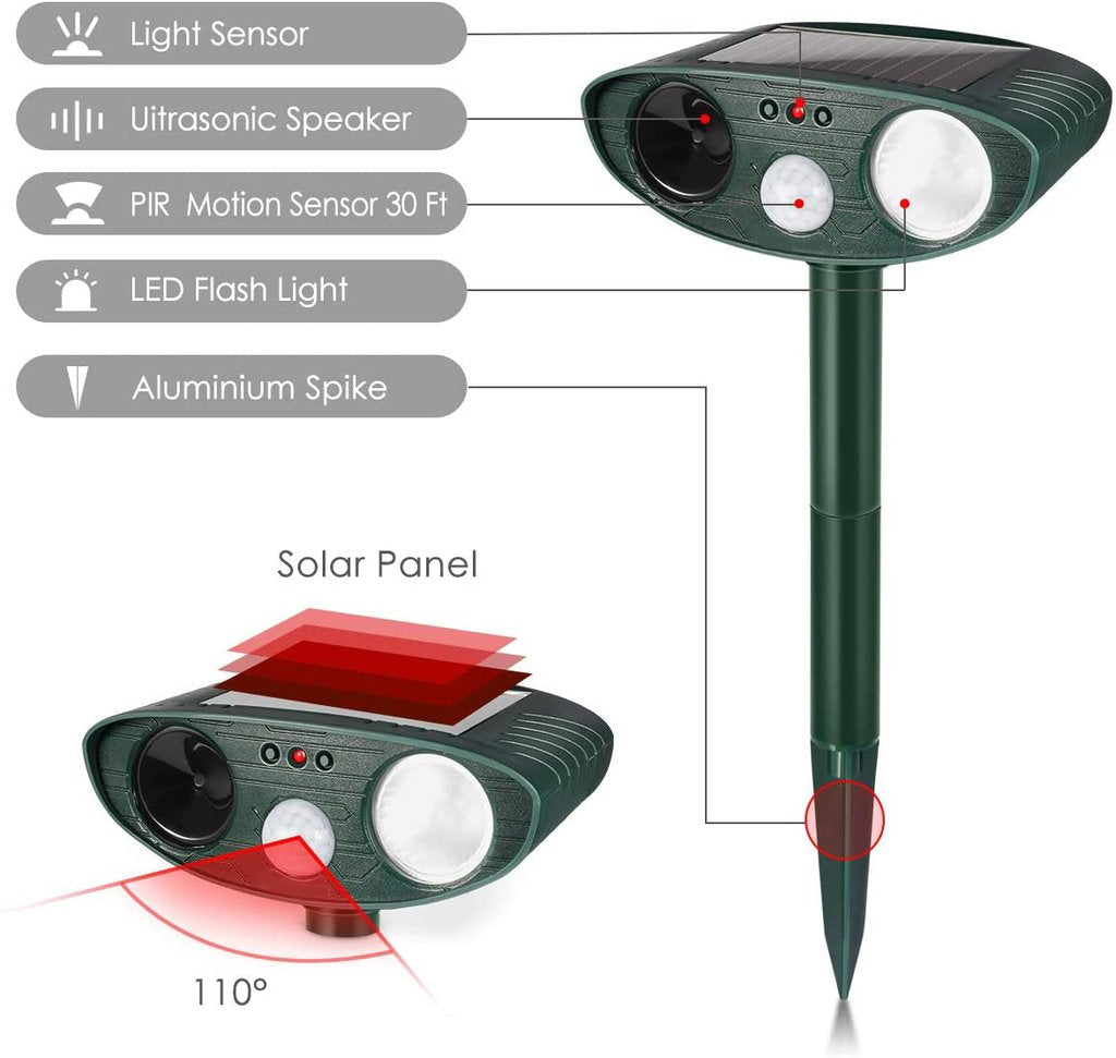 Ahuyentador de gatos ultrasónico solar para exterior y jardín