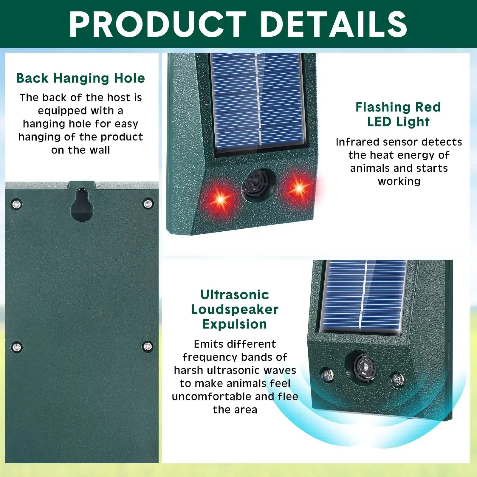 Ahuyentador de Pájaros Ultrasónico Solar | Con LED y Sensor de Movimiento | Resistente al Agua IP58 | Cobertura de 600 m²