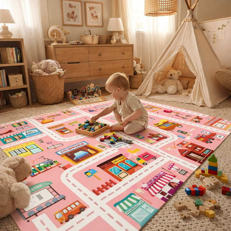Alfombra de juego de franela con diseño de carreteras para habitación infantil