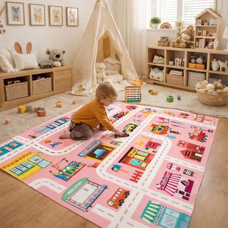 Alfombra de juego de franela con diseño de carreteras para habitación infantil