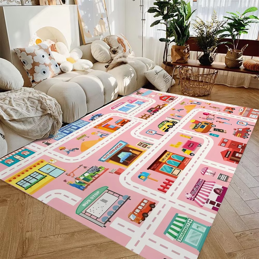 Alfombra de juego de franela con diseño de carreteras para habitación infantil