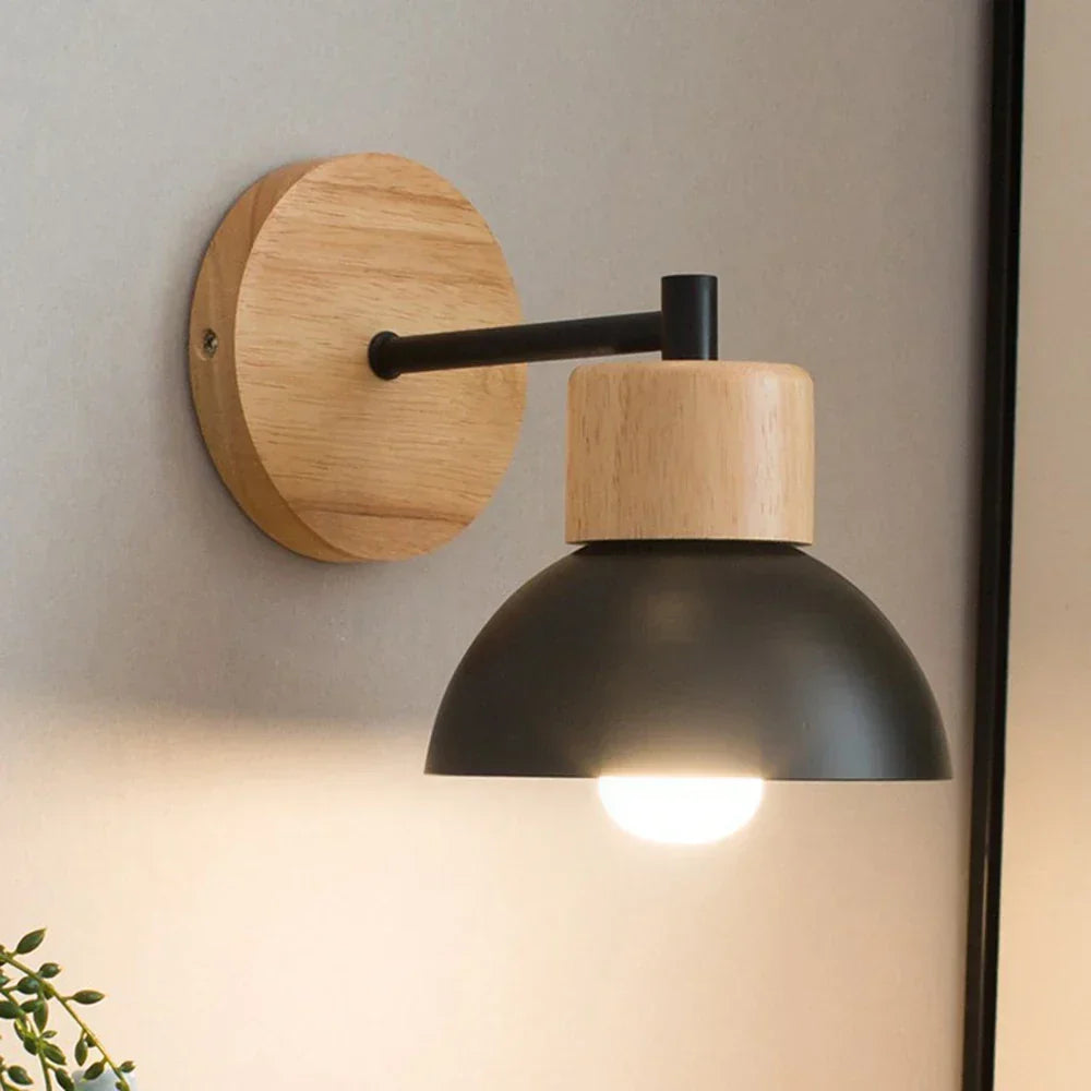 Aplique de Pared de Madera y Metal | Lámpara de Mesita de Noche Moderna Estilo Escandinavo