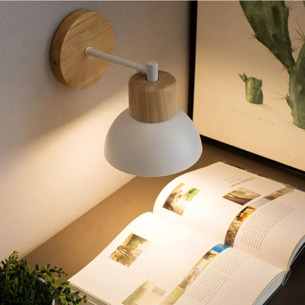 Aplique de Pared de Madera y Metal | Lámpara de Mesita de Noche Moderna Estilo Escandinavo