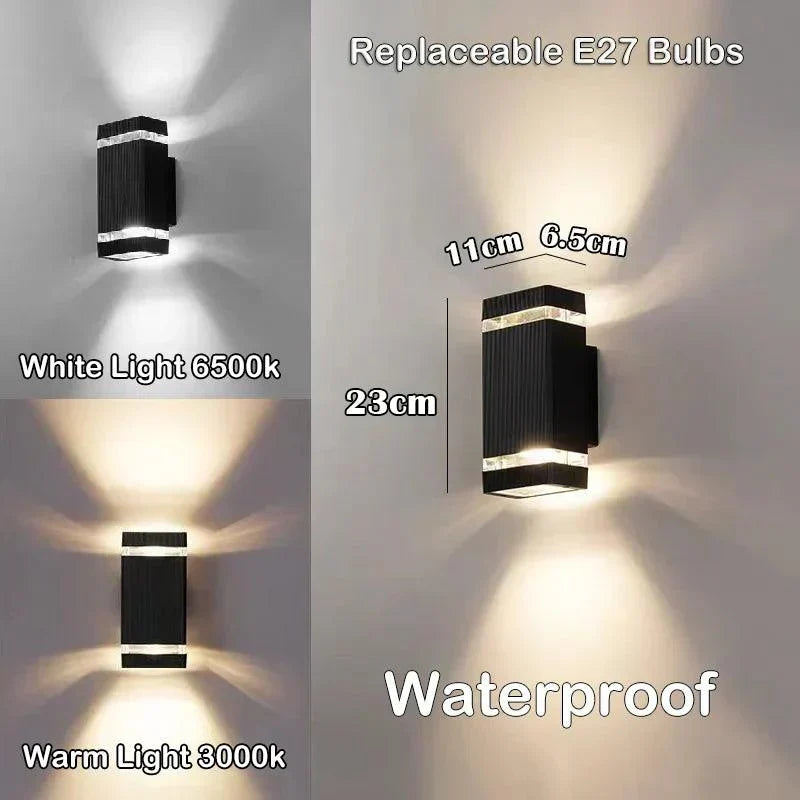 Aplique de pared LED moderno para exterior IP65 – Diseño bidireccional Up & Down con casquillo E27
