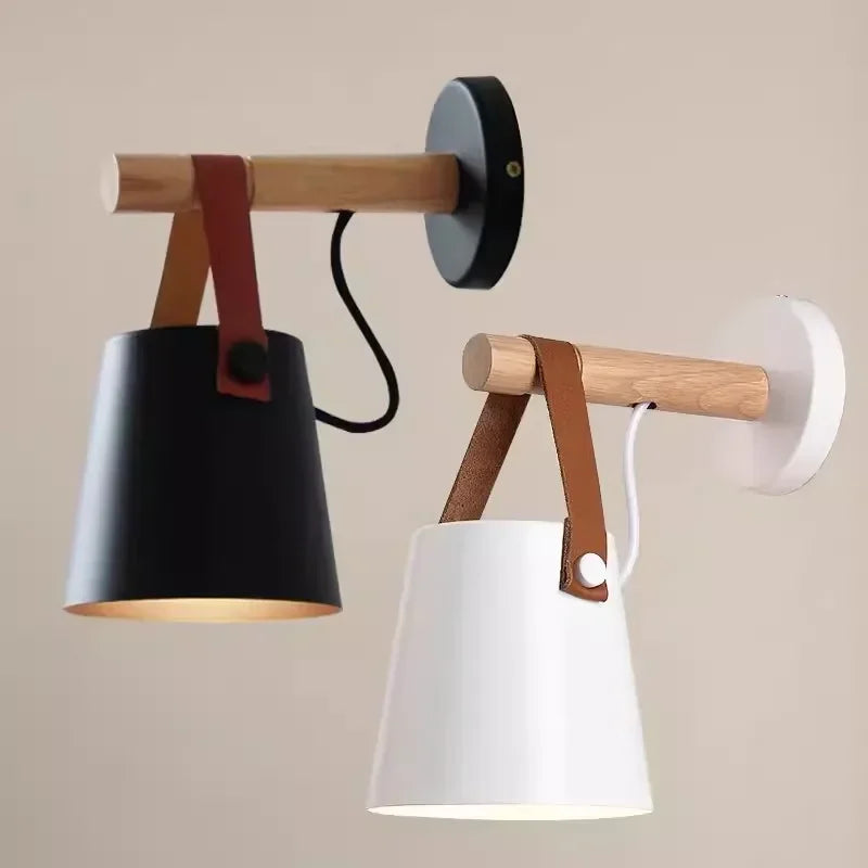 Aplique de Pared Nórdico de Madera y Cuero | Lámpara Colgante de Mesita de Noche