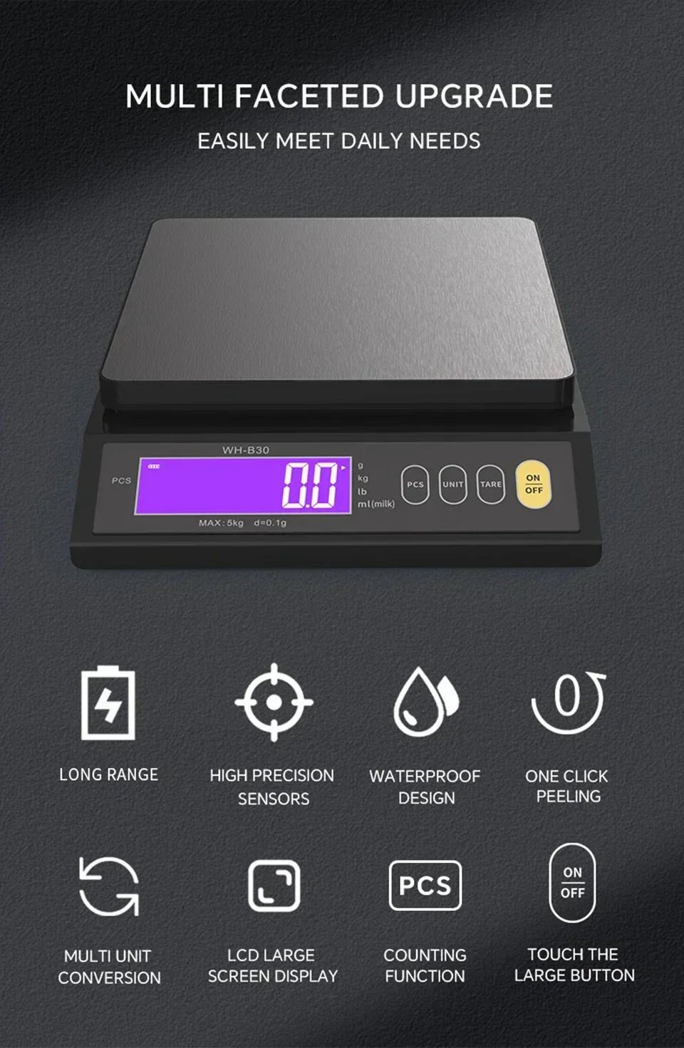 Báscula Digital Electrónica de Cocina 5 kg/0,1 g y 10 kg/1 g, con Pantalla LCD, Herramienta de Pesaje Totalmente Impermeable de Acero Inoxidable para Repostería