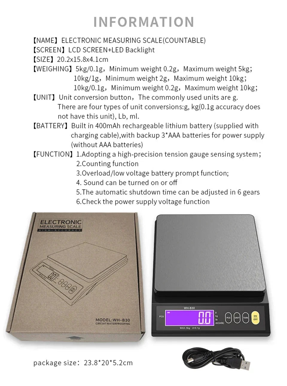 Báscula Digital Electrónica de Cocina 5 kg/0,1 g y 10 kg/1 g, con Pantalla LCD, Herramienta de Pesaje Totalmente Impermeable de Acero Inoxidable para Repostería