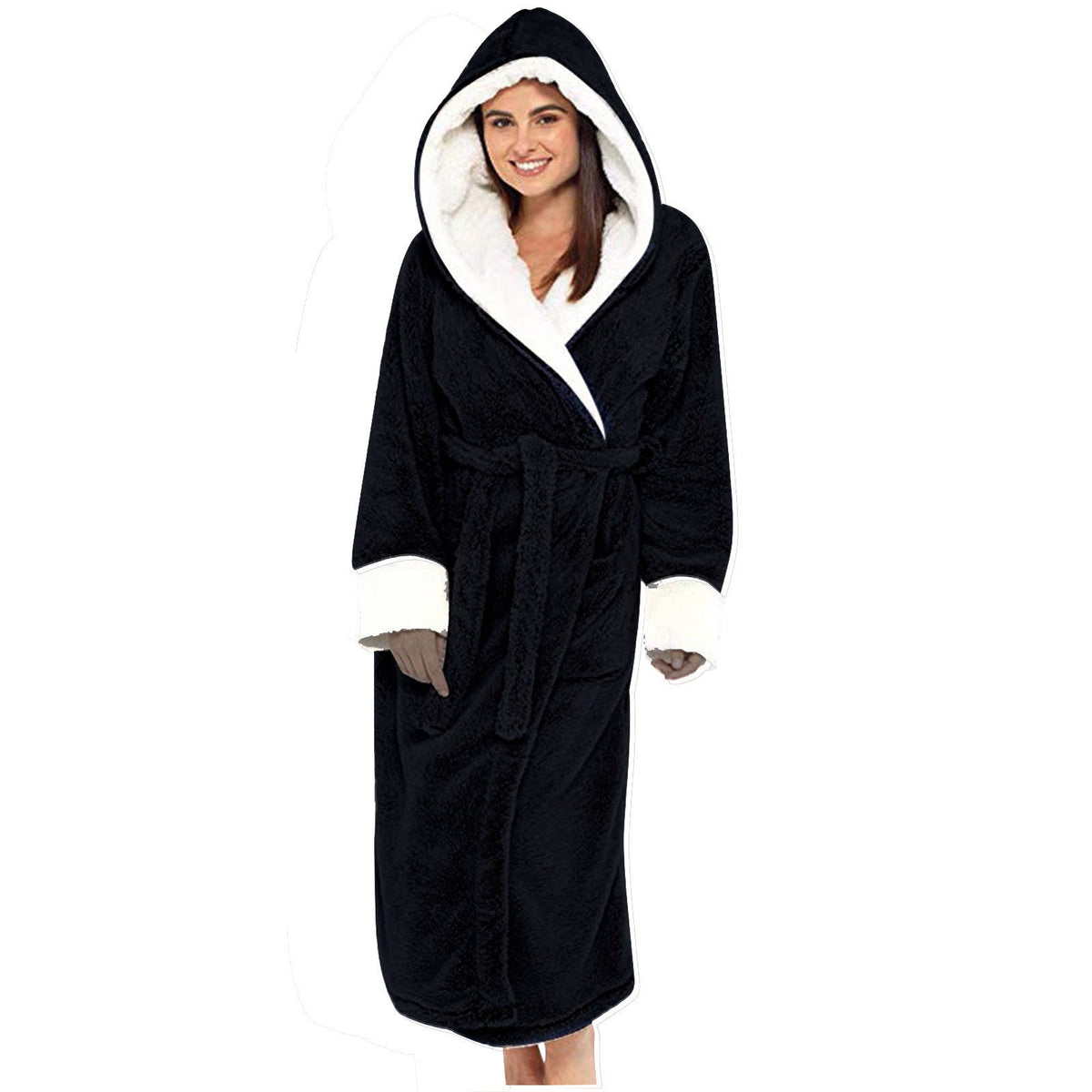 Bata de forro polar acogedora con capucha y cinturón