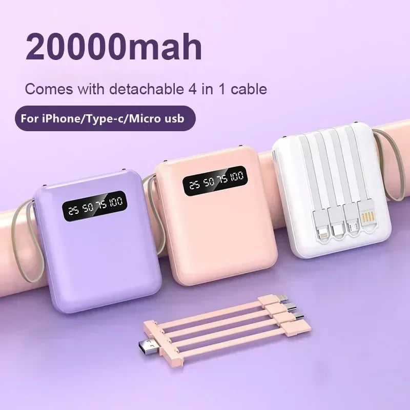 Batería externa 4 en 1 - Carga rápida USB-C - 10000 y 20000 mAh - Negro, blanco y morado