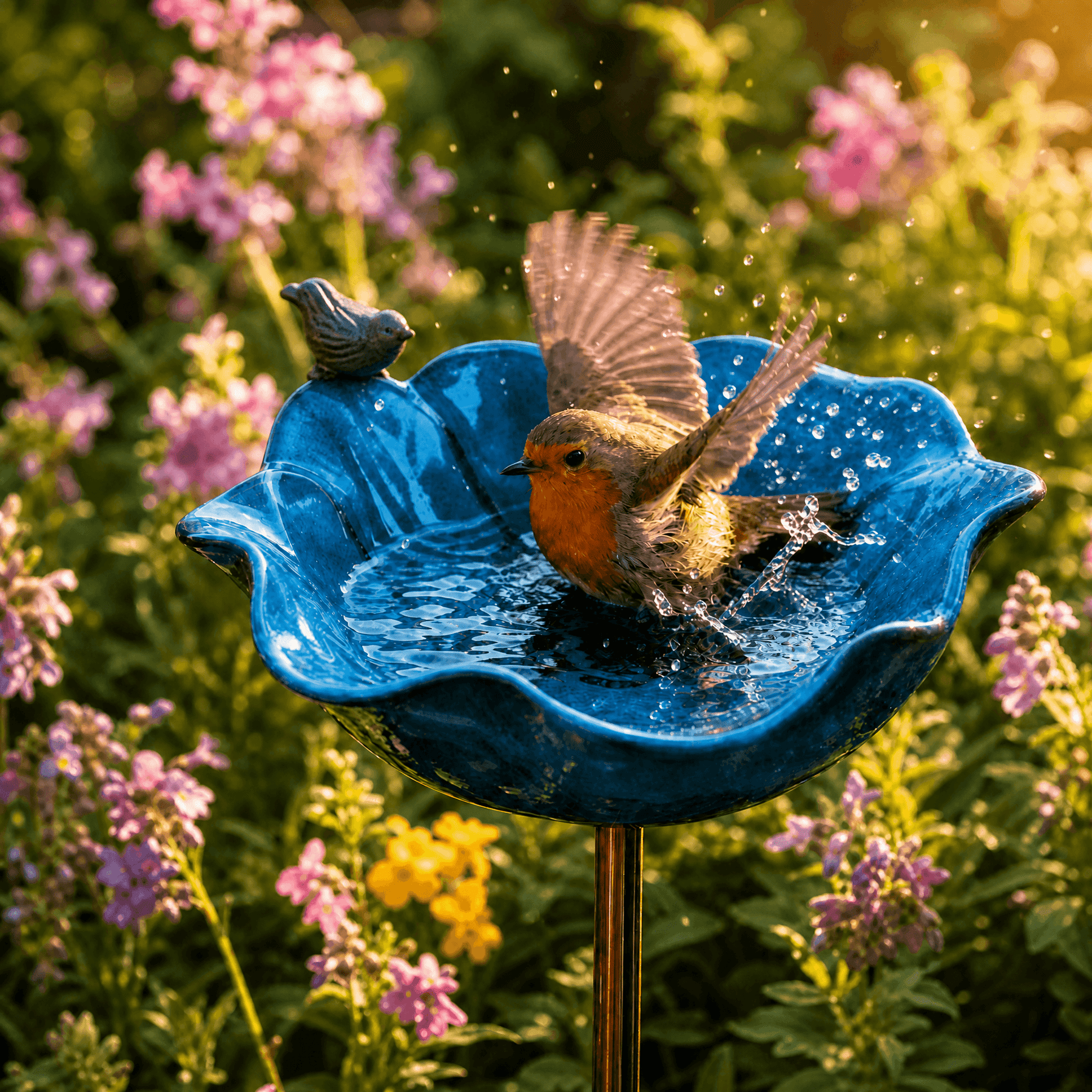 Bebedero para pájaros con estaca para jardín moldeado a mano en forma de amapola