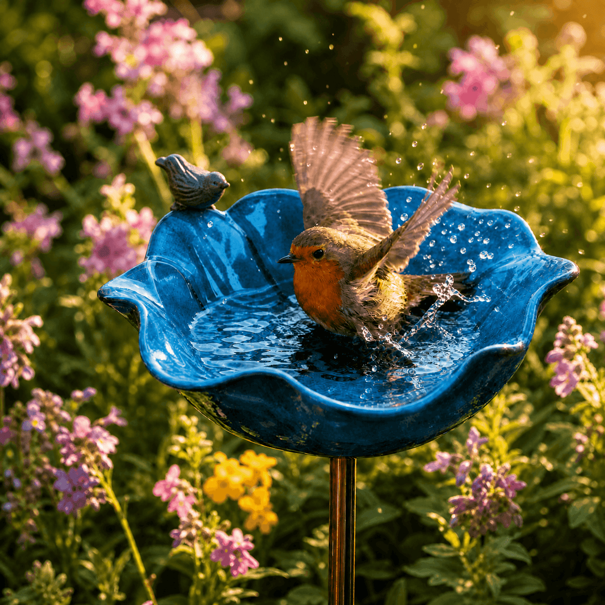Bebedero para pájaros con estaca para jardín moldeado a mano en forma de amapola