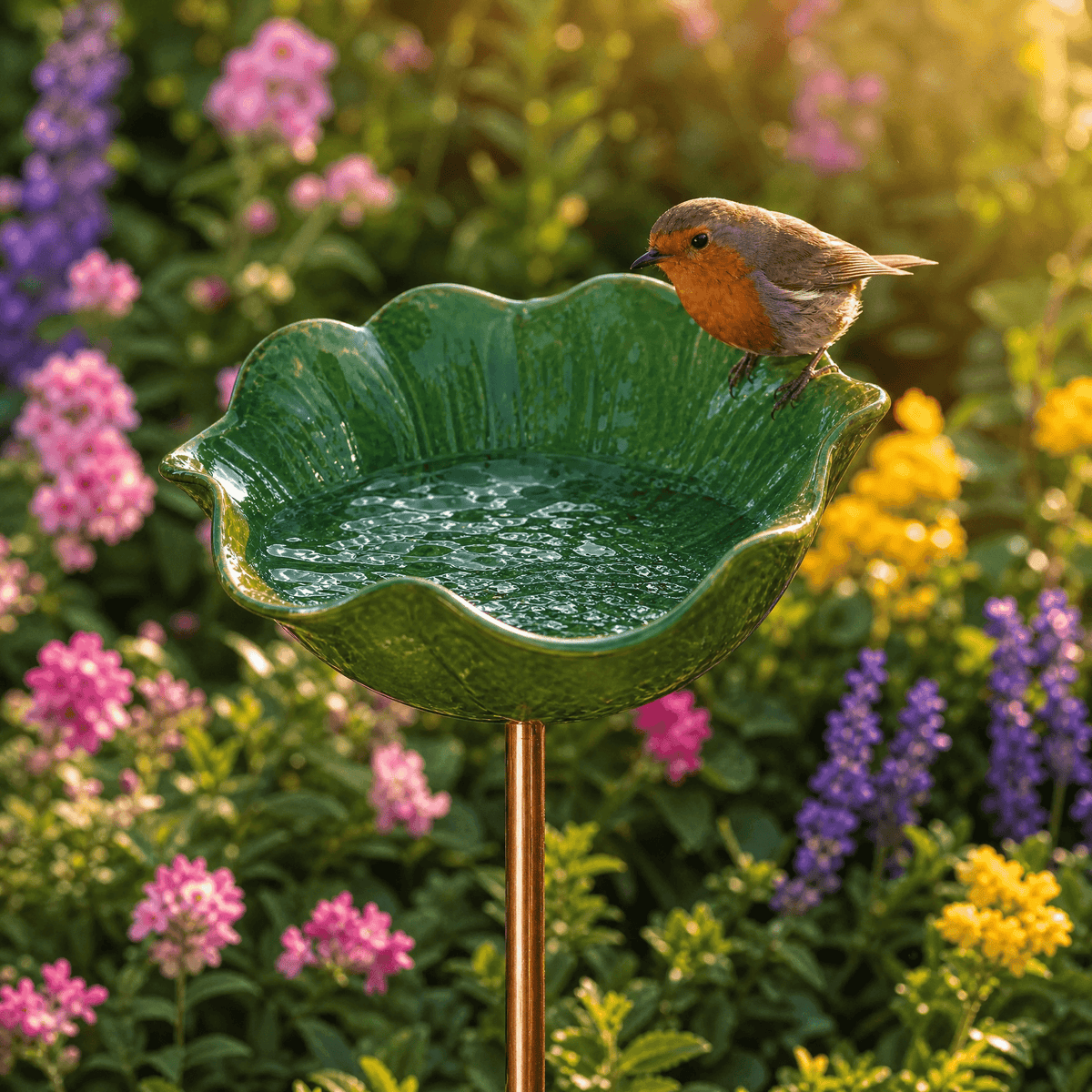 Bebedero para pájaros con estaca para jardín moldeado a mano en forma de amapola