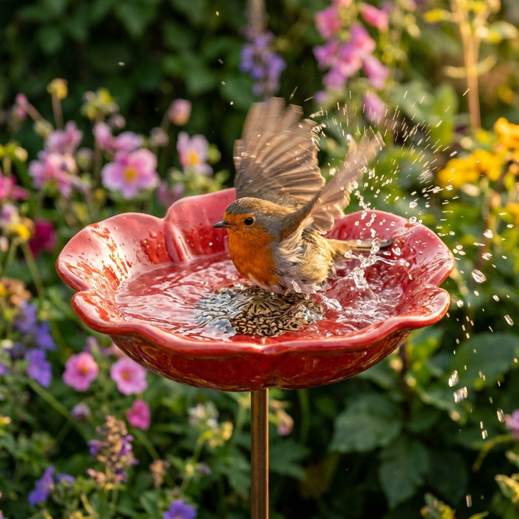 Bebedero para pájaros con estaca para jardín moldeado a mano en forma de amapola