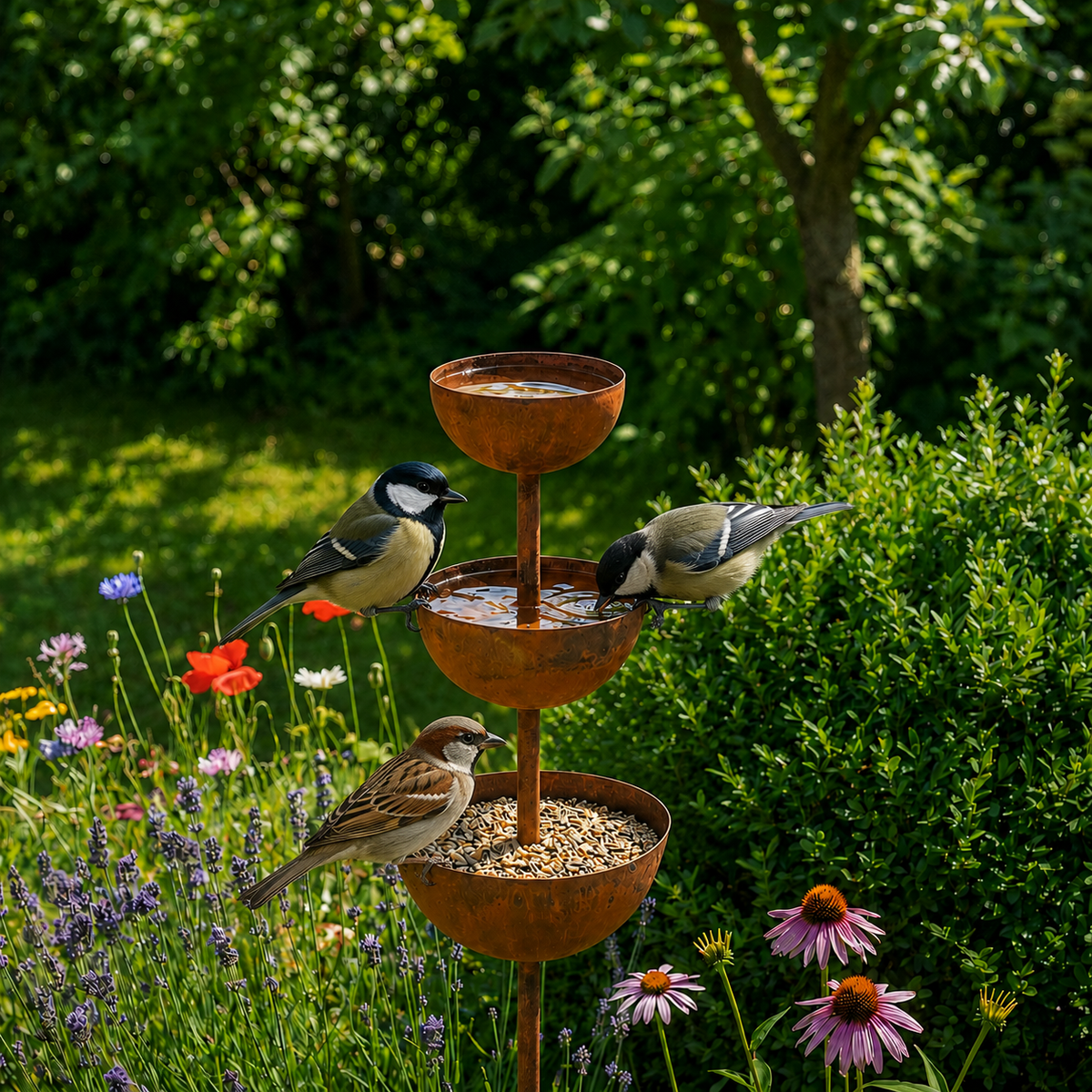 Bebedero para pájaros para jardín tipo estaca de cobre rústico