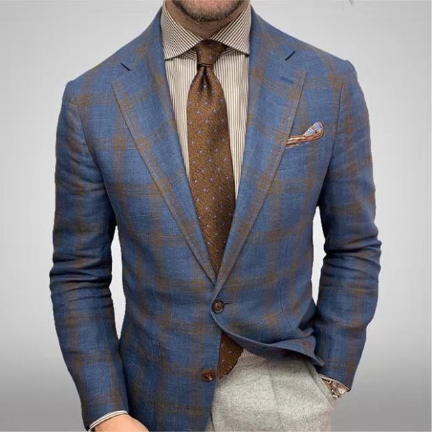 Blazer americana a cuadros para hombre con solapa de muesca