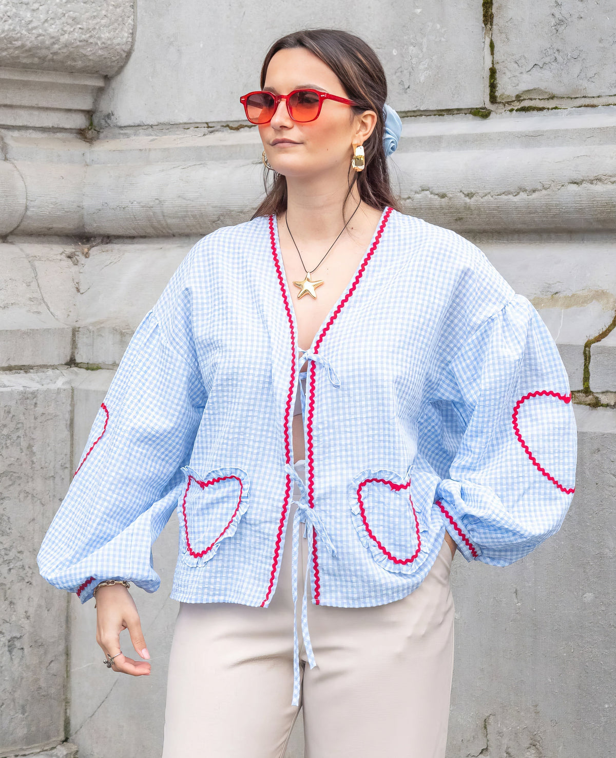 Blusa a Cuadros Vichy para Mujer con Delantero Abierto