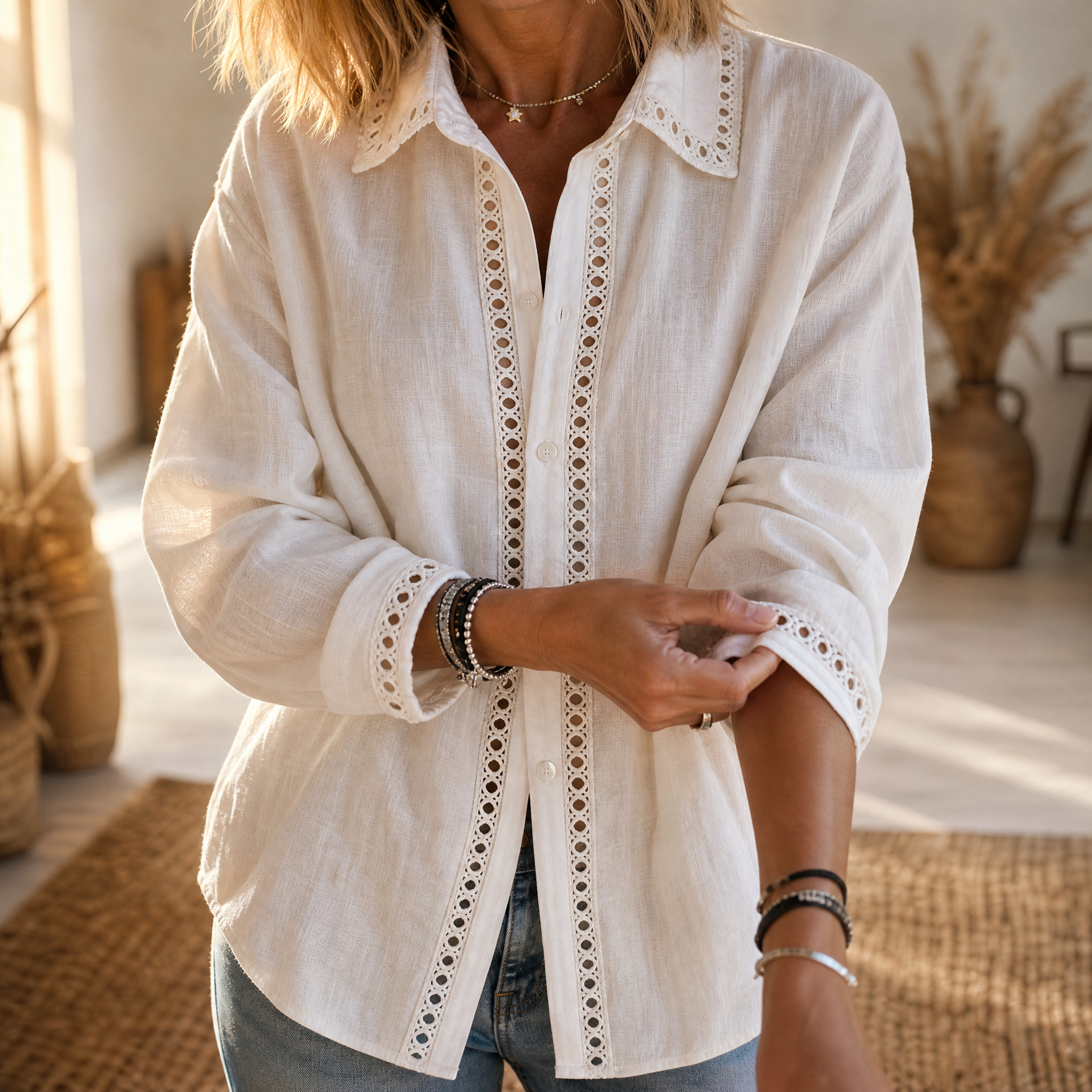 Blusa abotonada para mujer con detalle de calados