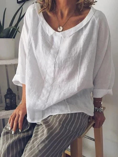 Blusa casual de lino para mujer con manga 3/4 - Blanco