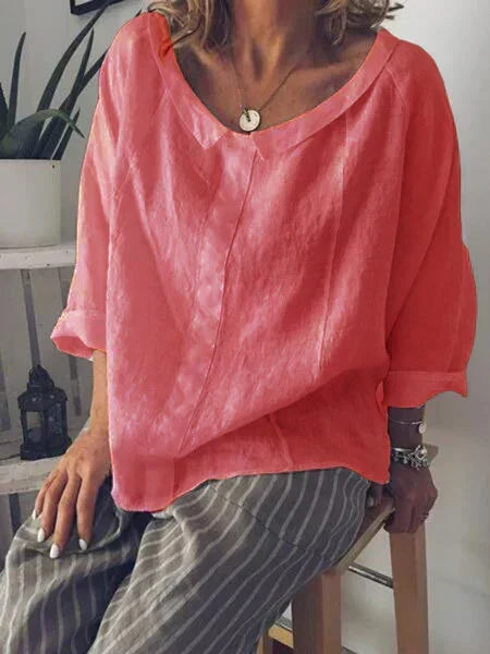 Blusa casual de lino para mujer con manga 3/4 - Blanco