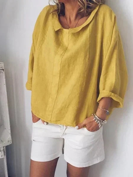Blusa casual de lino para mujer con manga 3/4 - Blanco