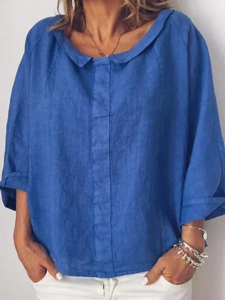 Blusa casual de lino para mujer con manga 3/4 - Blanco