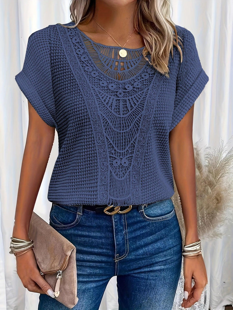Blusa casual de manga corta con encaje para mujer