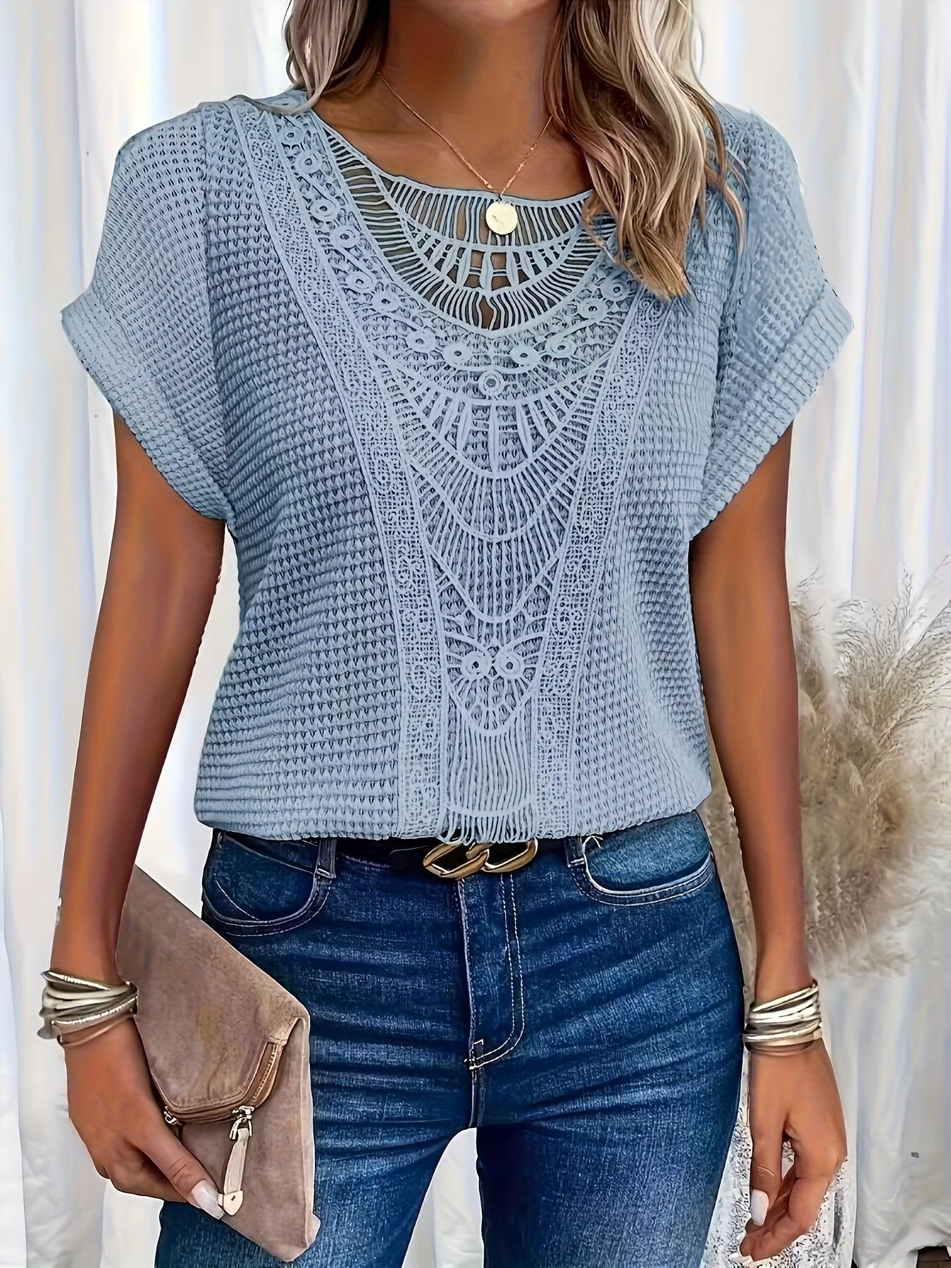 Blusa casual de manga corta con encaje para mujer