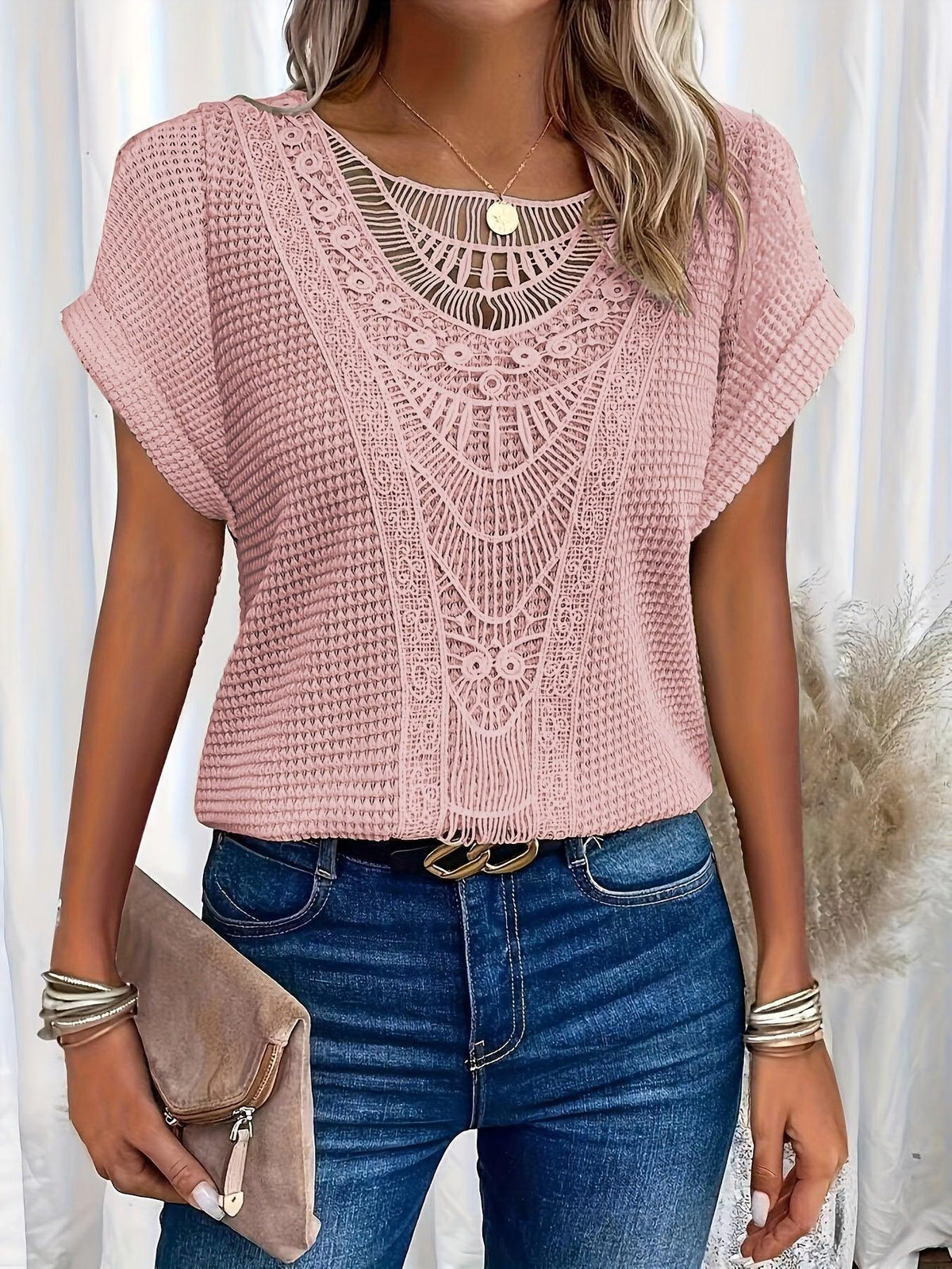 Blusa casual de manga corta con encaje para mujer