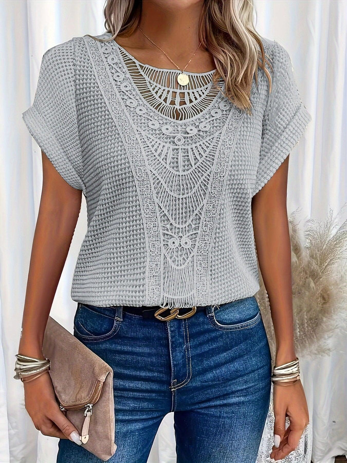 Blusa casual de manga corta con encaje para mujer