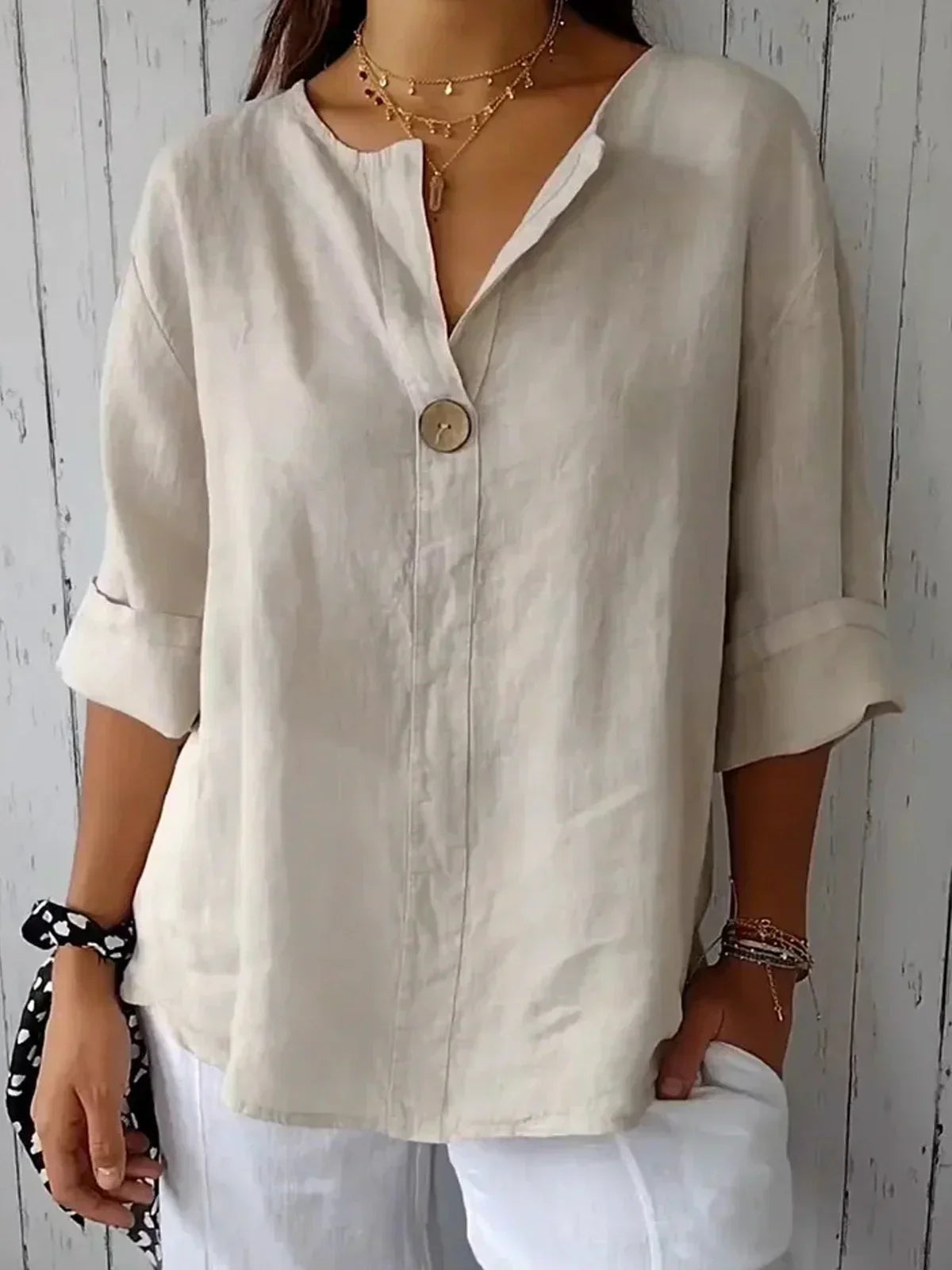Blusa casual para mujer con cuello en V y manga 3/4