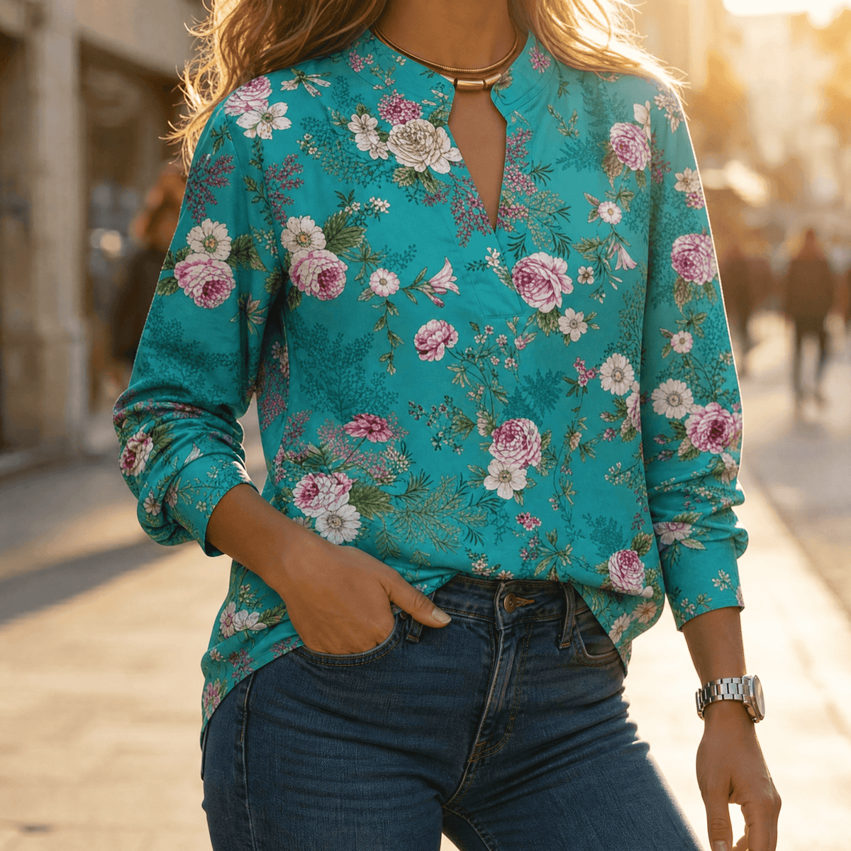 Blusa con estampado floral de acuarela y cuello en V