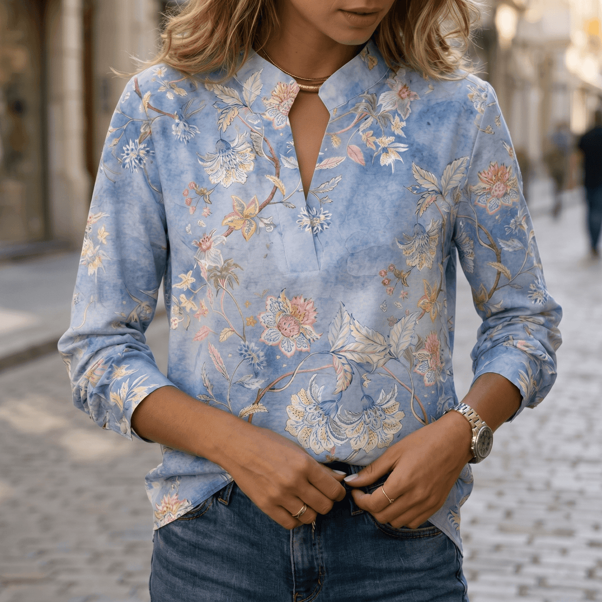 Blusa con estampado floral de acuarela y cuello en V
