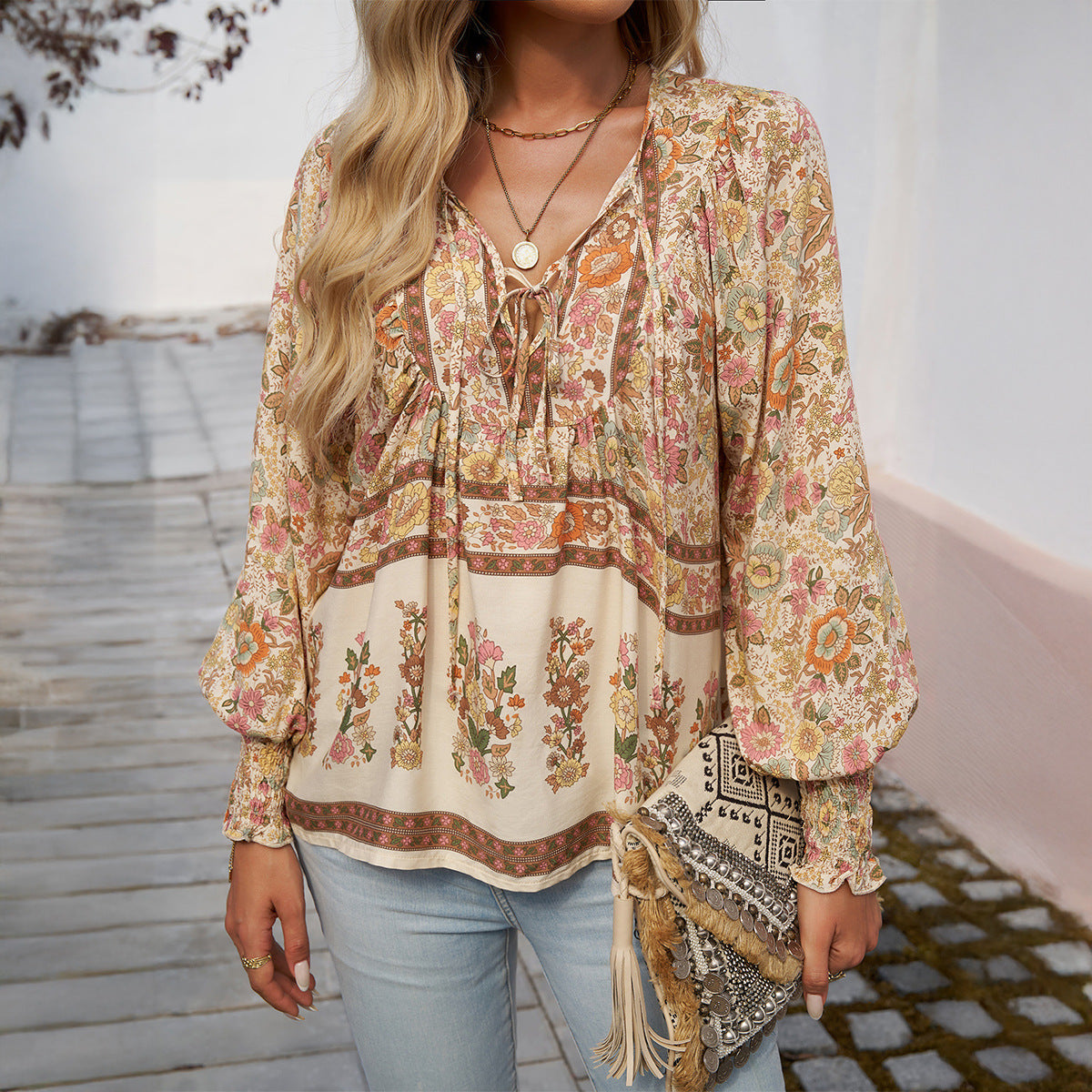 Blusa de algodón para mujer de estilo boho con estampado floral