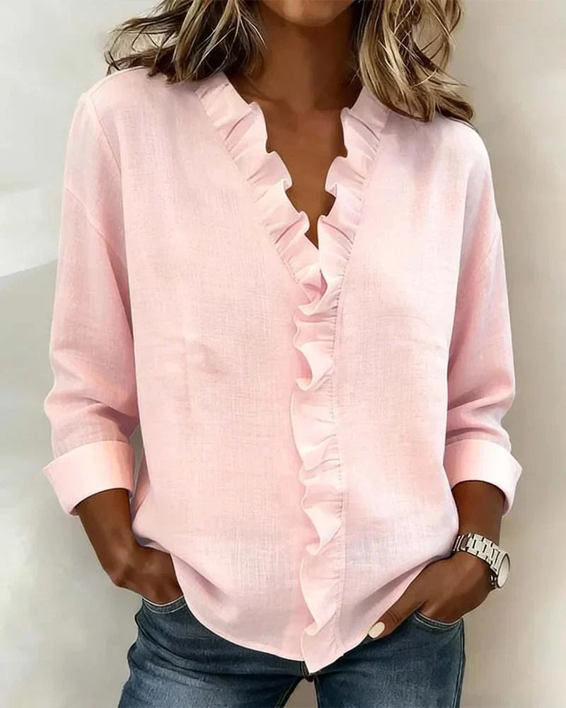 Blusa de mujer de manga larga con cuello en V y volantes