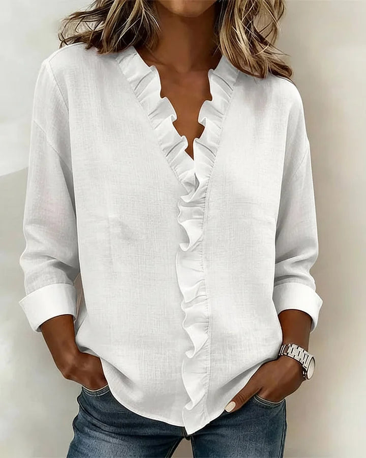 Blusa de mujer de manga larga con cuello en V y volantes