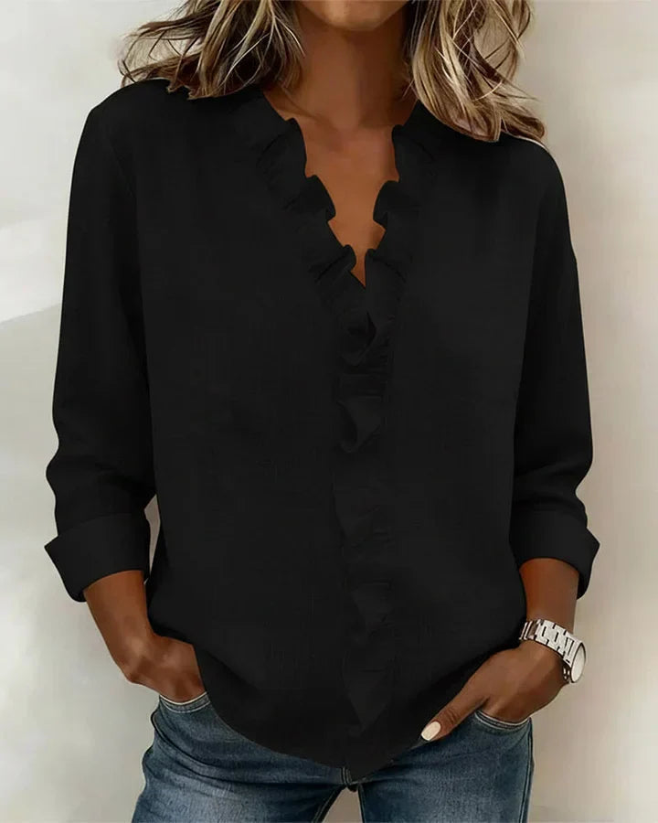 Blusa de mujer de manga larga con cuello en V y volantes